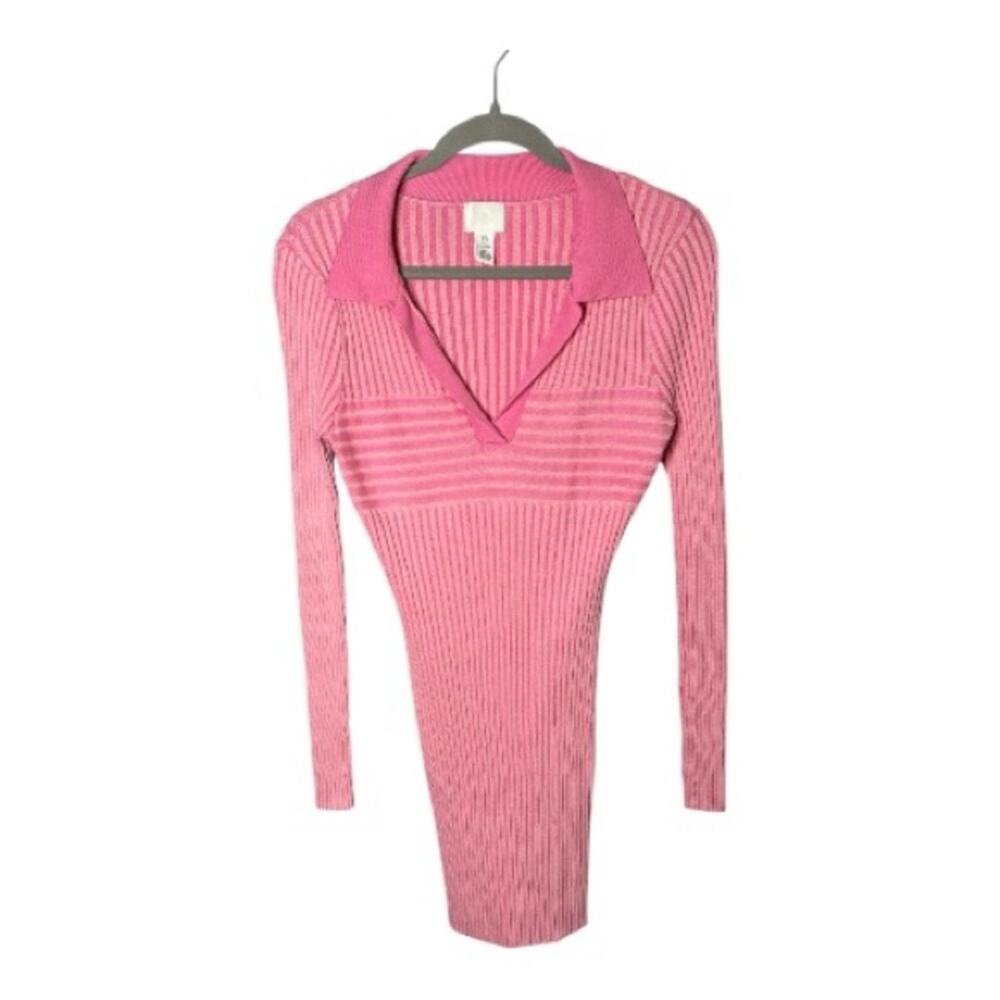 H&M Pink Ribbed Collared Bodycon V Neck Dress M